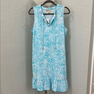 Michael Kors Tropical Sleeveless Dress with Ruffle Hem. Turquoise Size L. NWT